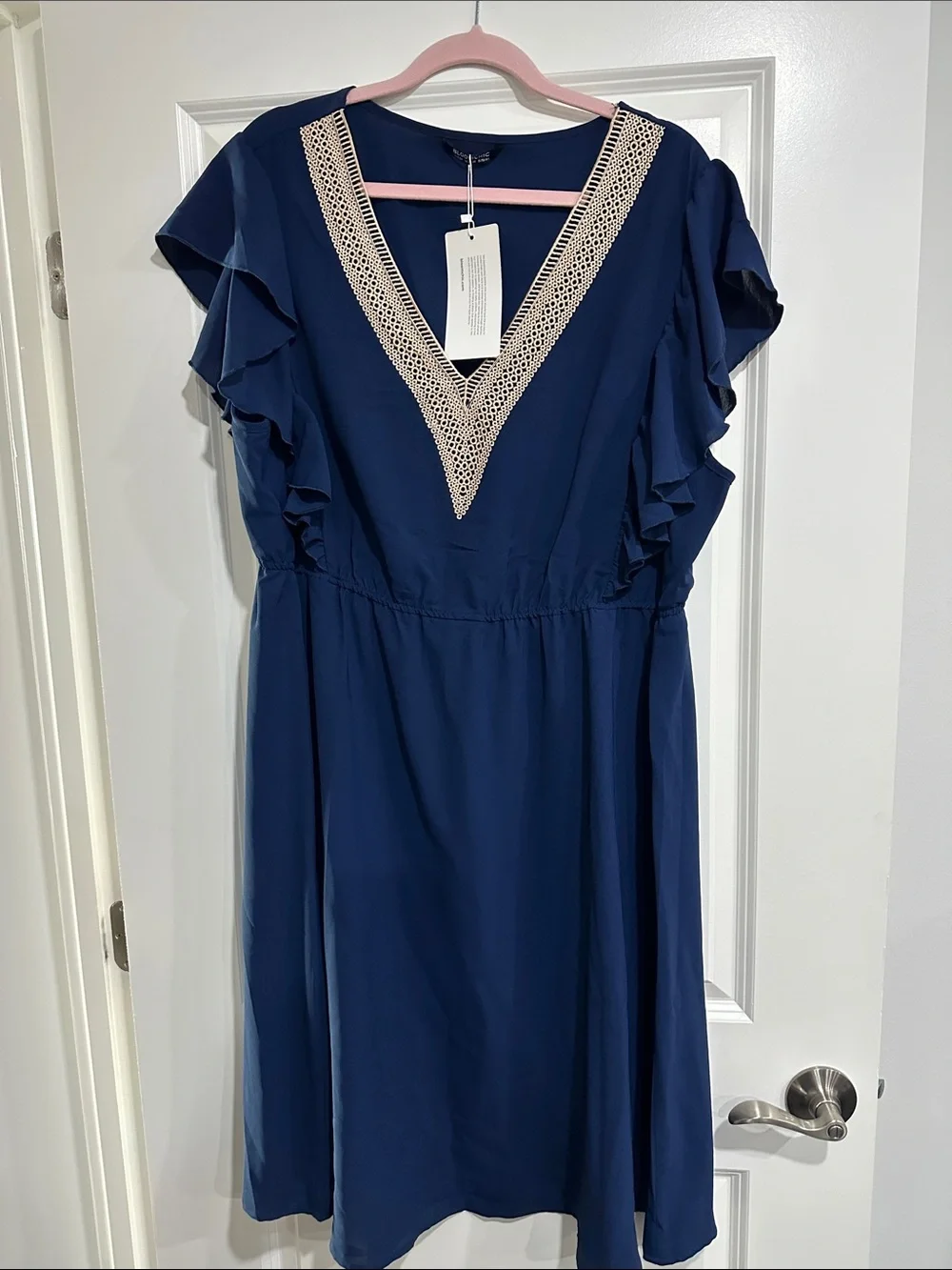 BloomChic Navy Midi Dress with Cream Crochet V-Neck